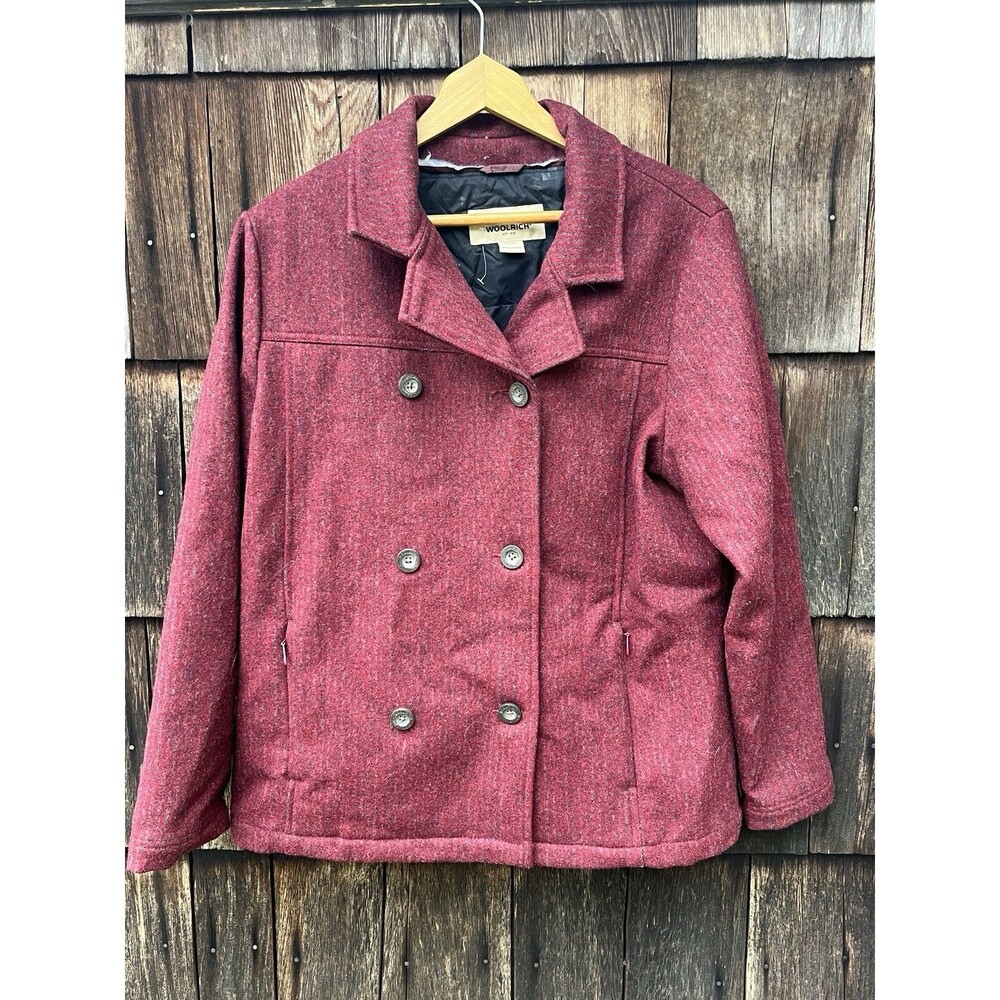 Women’s Woolrich Double Breasted Coat Wool Large Zip Pockets Ruby Red Heather